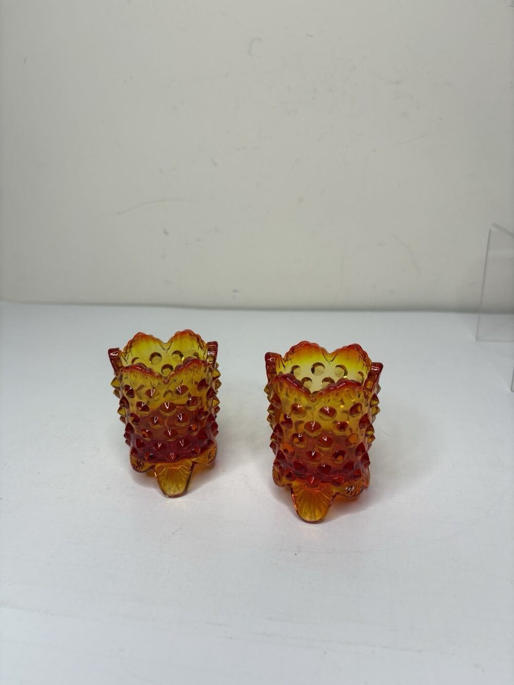 Vintage Fenton Orange Red Amberina Hobnail Footed Toothpick Holder Set of 2